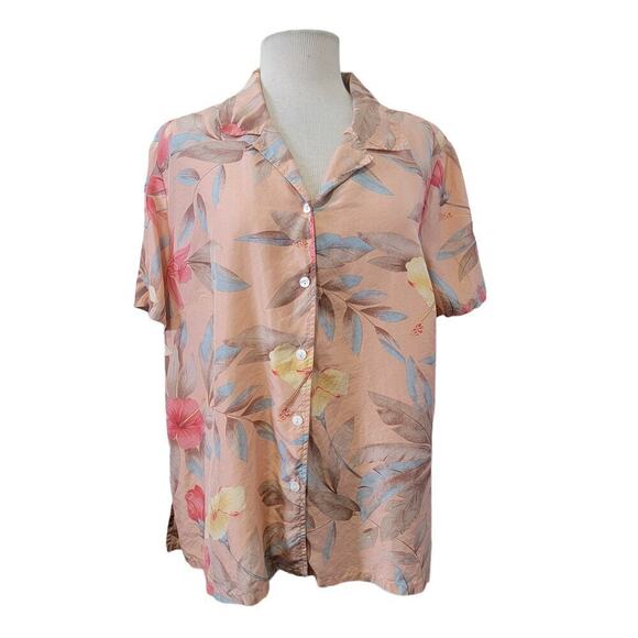 Silk Button Front Hawaiian Hibiscus Floral Short Sleeve Beach Shirt Blouse 1X - Picture 1 of 6